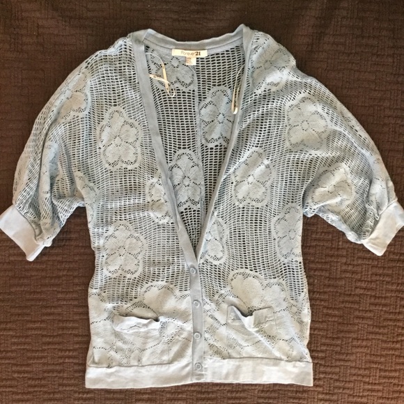 Forever 21 Lace Crochet Shirt Blue Cardigan Short - Picture 2 of 7
